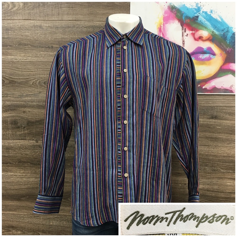 VINTAGE Norm Thompson Mens XXL 100% Linen Striped Long Sleeve Button Down Shirt
